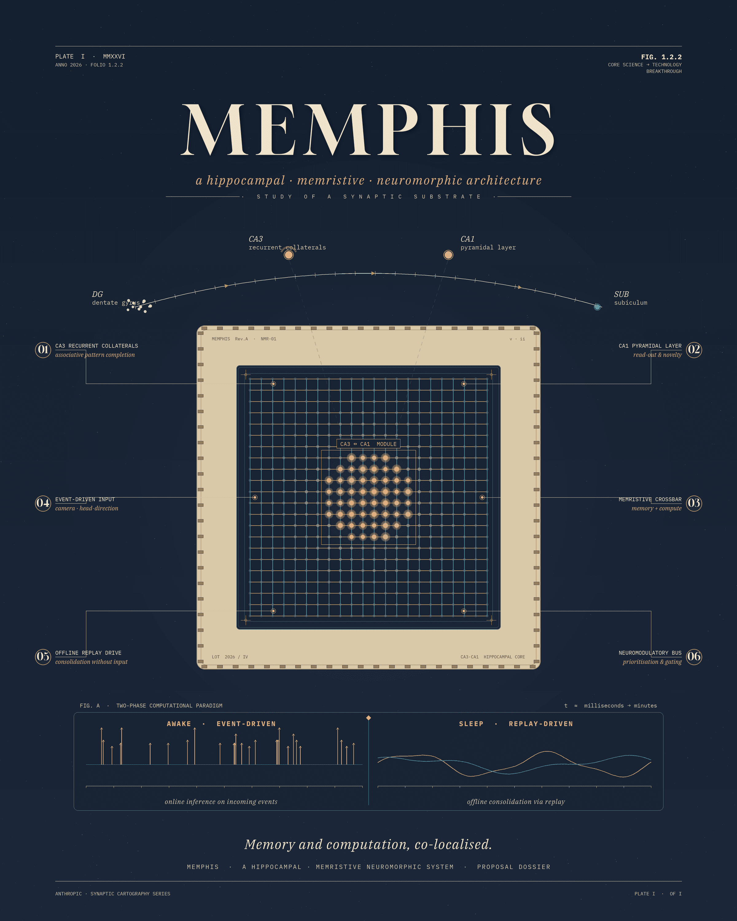 MEMPHIS · the chip — hippocampal-memristive plate of the Synaptic Cartography series.