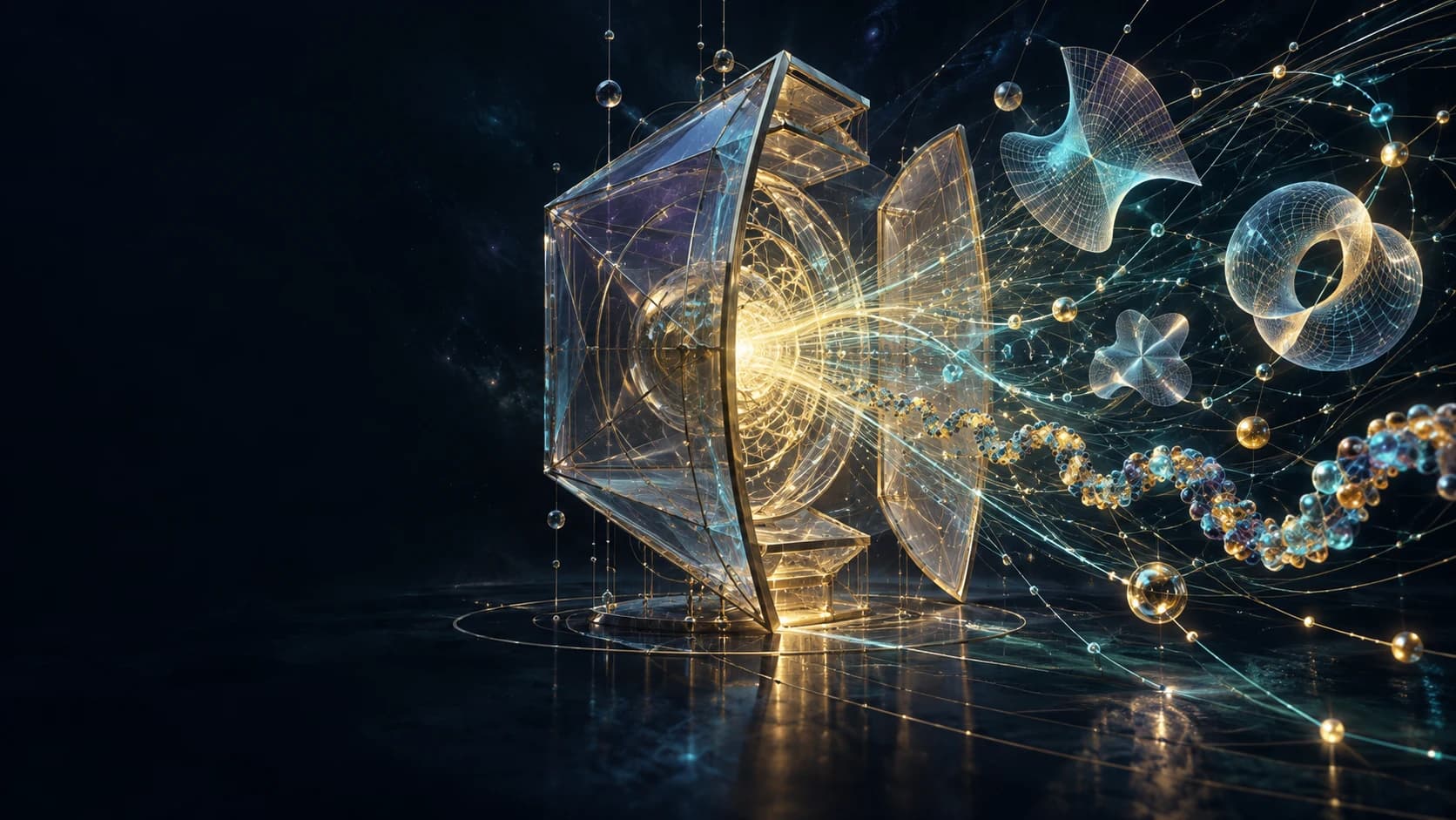 Conceptual sculpture: a transparent research chamber opens into a widening lattice of light.